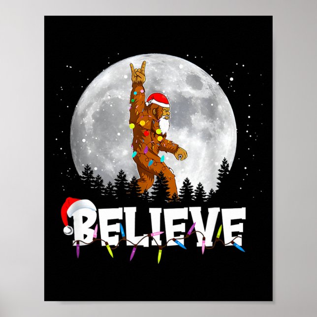Santa Bigfoot Christmas Light Funny Believe  Poster (Front)