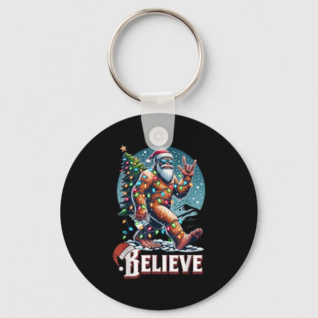 Santa Bigfoot Christmas Lights Funny Sasquatch Bel Key Ring (Front)