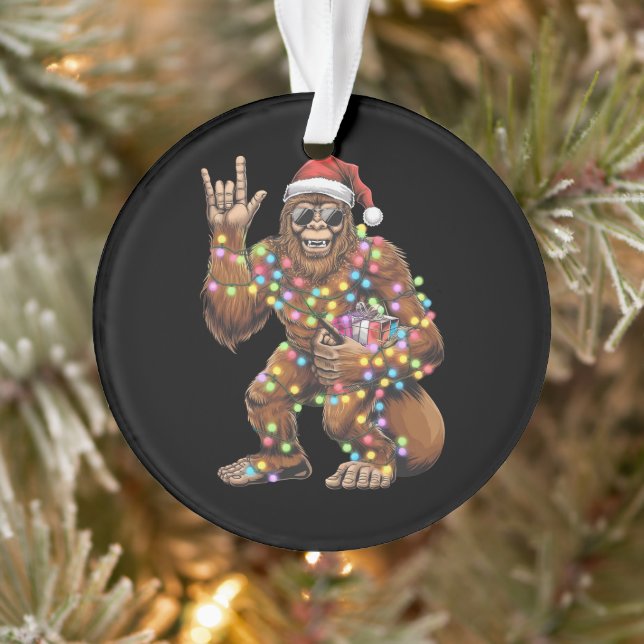 Santa Bigfoot Christmas Lights Rock Funny  Ornament (Tree)