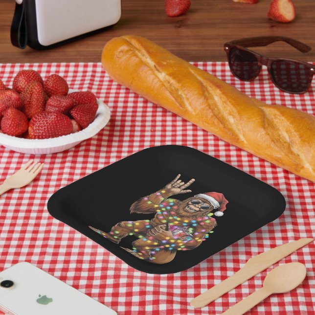 Santa Bigfoot Christmas Lights Rock Funny  Paper Plate (Picnic)