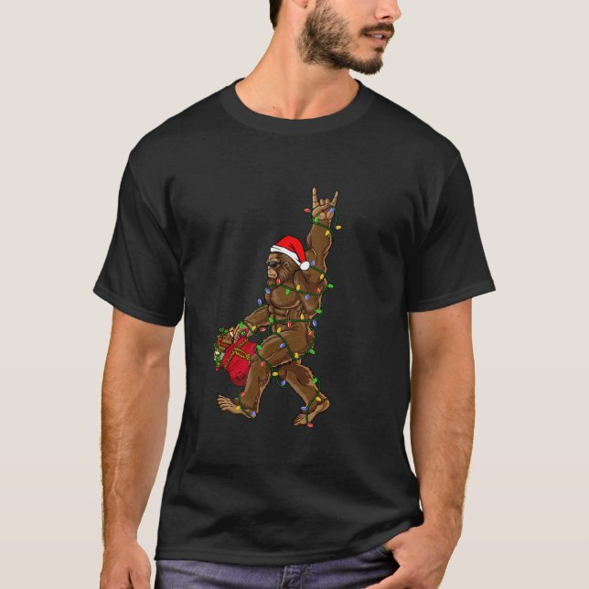 Santa Bigfoot Christmas Lights Rock Funny Sasquatc T-Shirt (Front)