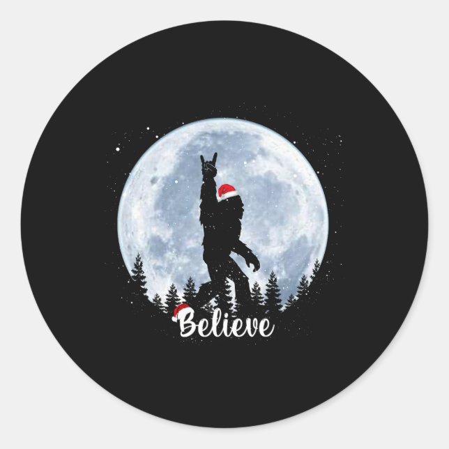 Santa Bigfoot Christmas Rock Roll Sasquatch Believ Classic Round Sticker (Front)