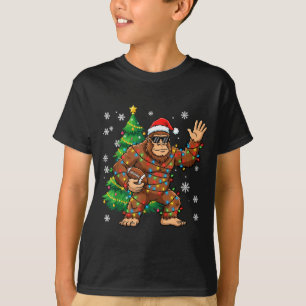 Santa Bigfoot Christmas Tree Funny Football Sasqua T-Shirt