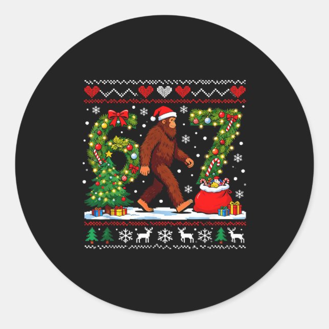 Santa Bigfoot Christmas Tree Funny Sasquatch 67  Classic Round Sticker (Front)