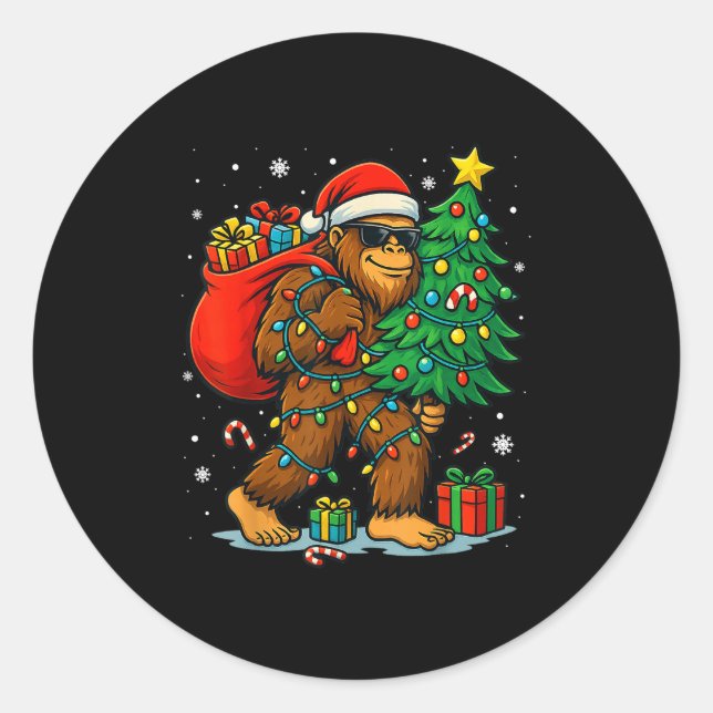 Santa Bigfoot Christmas Tree Lights Xmas Boys Men  Classic Round Sticker (Front)