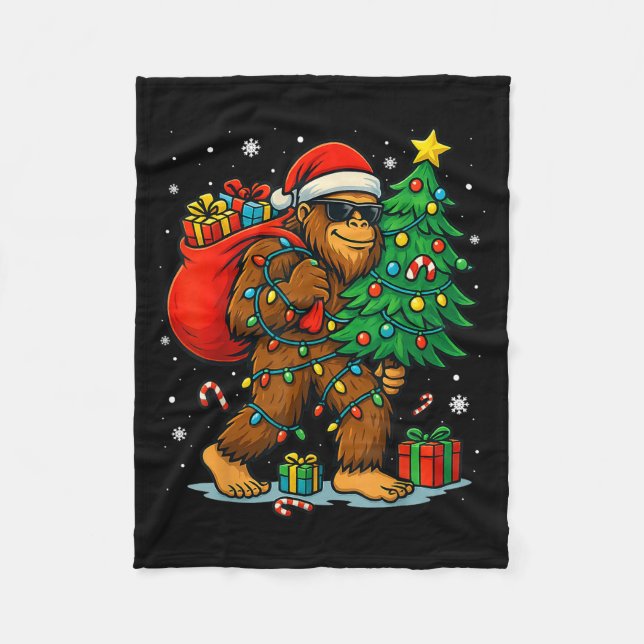 Santa Bigfoot Christmas Tree Lights Xmas Boys Men  Fleece Blanket (Front)