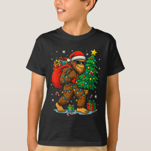 Santa Bigfoot Christmas Tree Lights Xmas Boys Men T-Shirt