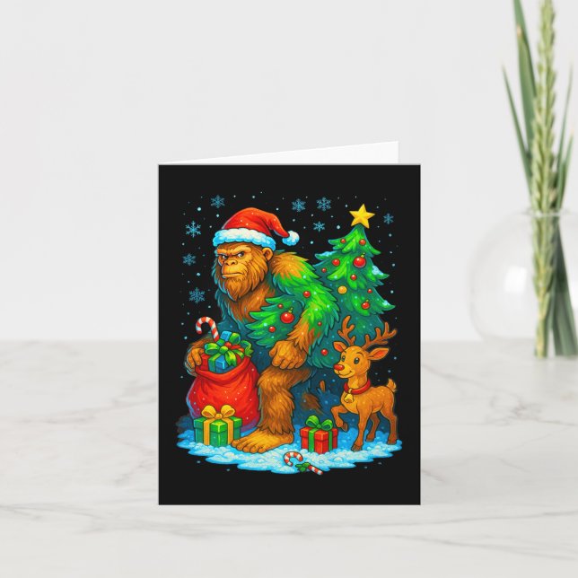 Santa Bigfoot Christmas Tree Reindeer Funny Sasqua Card (Front)