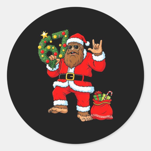 Santa Bigfoot Christmas Tree Sasquatch 67 Six Seve Classic Round Sticker (Front)
