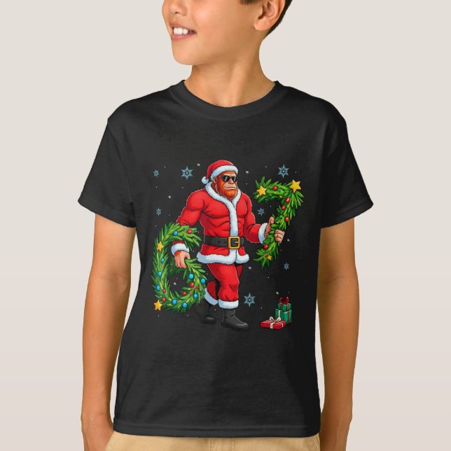 Santa Bigfoot Christmas Tree Sasquatch 67 Six Seve T-Shirt (Front)