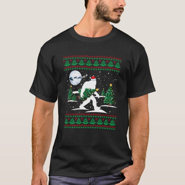 Santa Bigfoot Christmas Tree Sasquatch Ugly Xmas S T-Shirt (Front)