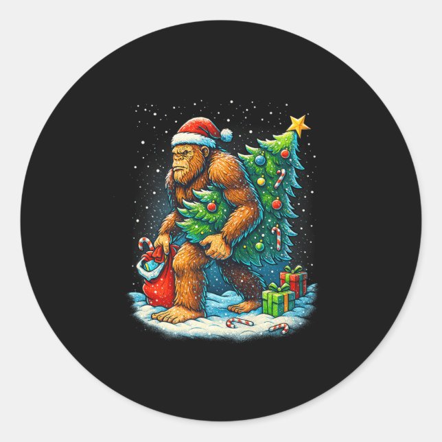 Santa Bigfoot Christmas Tree Sasquatch Xmas Lights Classic Round Sticker (Front)