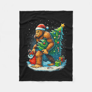 Santa Bigfoot Christmas Tree Sasquatch Xmas Lights Fleece Blanket