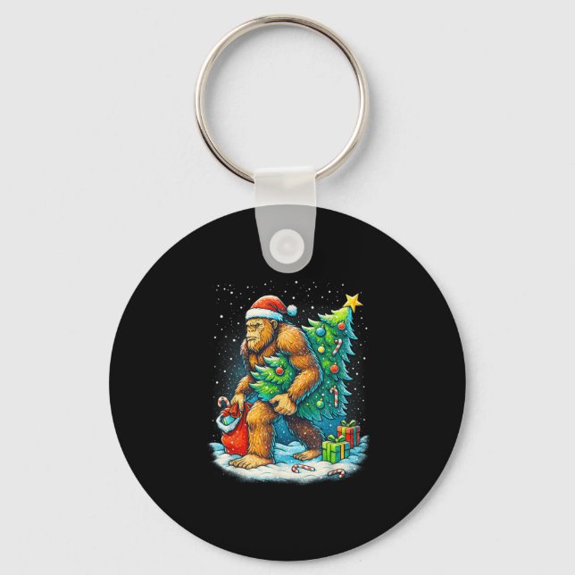 Santa Bigfoot Christmas Tree Sasquatch Xmas Lights Key Ring (Front)