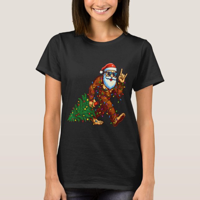 Santa Bigfoot Christmas Tree Xmas Funny Christmas  T-Shirt (Front)