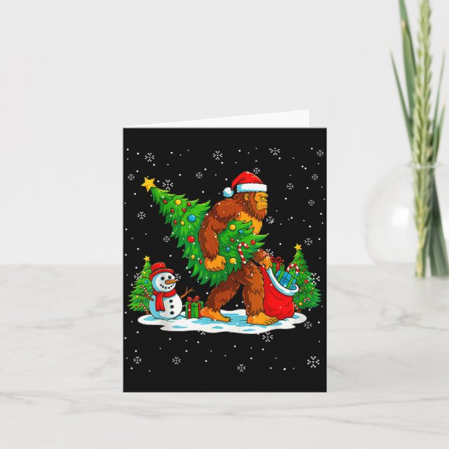 Santa Bigfoot Christmas Tree Xmas Lights Funny Sas Card (Front)