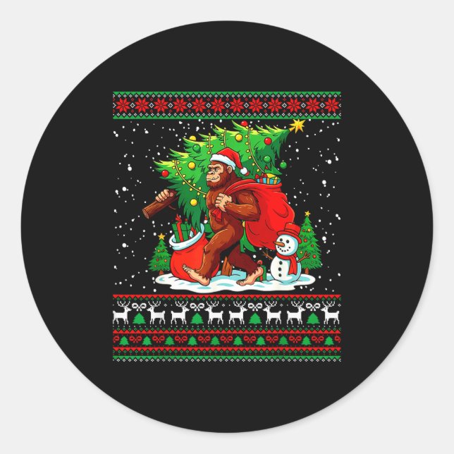 Santa Bigfoot Christmas Tree Xmas Lights Funny Sas Classic Round Sticker (Front)
