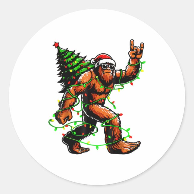 Santa Bigfoot Christmas Tree Xmas Lights Funny Sas Classic Round Sticker (Front)
