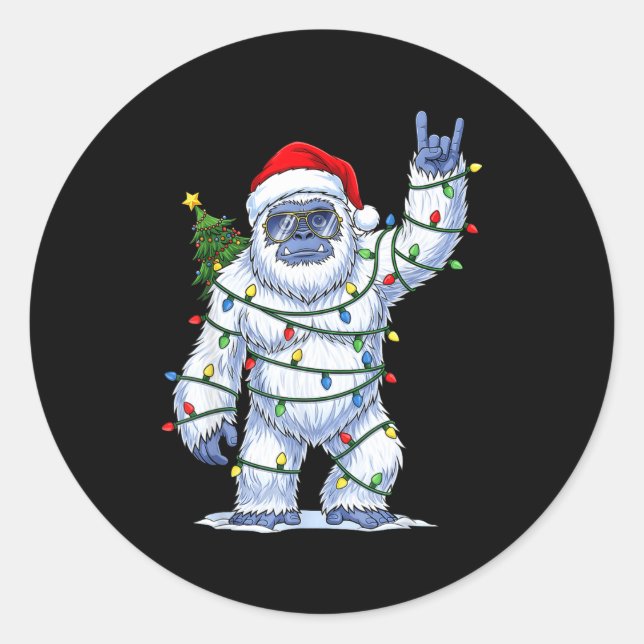 Santa Bigfoot Christmas Tree Xmas Lights Funny Sas Classic Round Sticker (Front)
