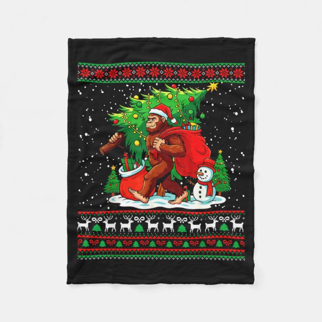 Santa Bigfoot Christmas Tree Xmas Lights Funny Sas Fleece Blanket (Front)