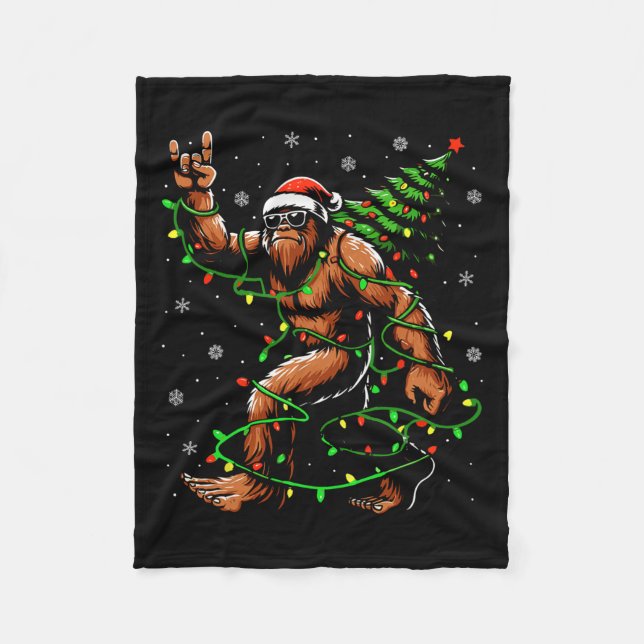 Santa Bigfoot Christmas Tree Xmas Lights Funny Sas Fleece Blanket (Front)