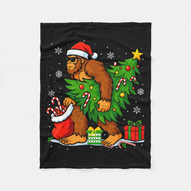 Santa Bigfoot Christmas Tree Xmas Lights Funny Sas Fleece Blanket (Front)