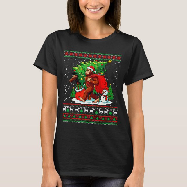 Santa Bigfoot Christmas Tree Xmas Lights Funny Sas T-Shirt (Front)
