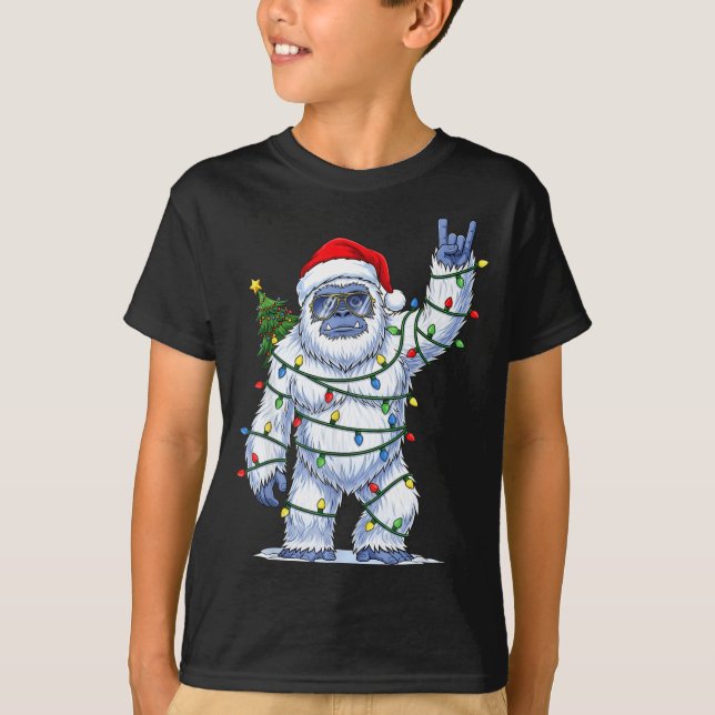 Santa Bigfoot Christmas Tree Xmas Lights Funny Sas T-Shirt (Front)