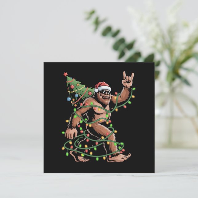 Santa Bigfoot Christmas Tree Xmas Lights Sasquatch Holiday Card (Standing Front)