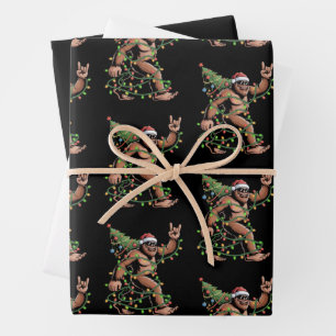 Santa Bigfoot Christmas Tree Xmas Lights Sasquatch Wrapping Paper Sheet