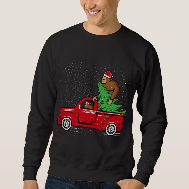 Santa Bigfoot Riding Red Truck Sasquatch Christmas Sweatshirt (Front)