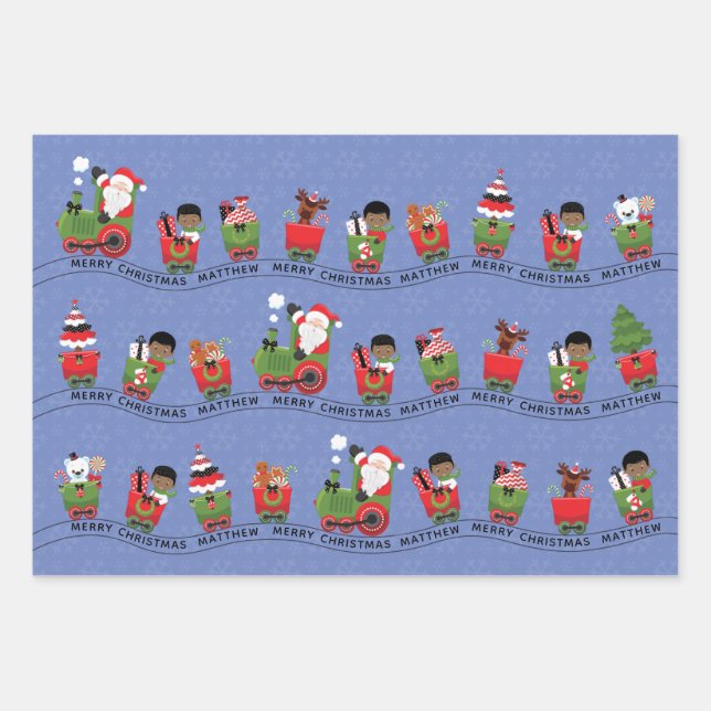 Santa & Black Boy on Train Wrapping Paper Sheet (Front 2)