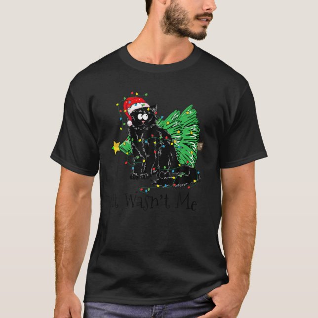 Santa Black Cat Christmas Tree Lights Funny Xmas K T-Shirt (Front)