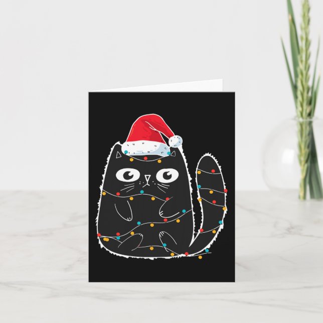 Santa Black Cat Tangled Up In Christmas Cat Lover  Card (Front)