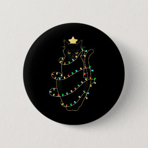 Santa Black Cat Tangled Up In Christmas Tree Light 6 Cm Round Badge