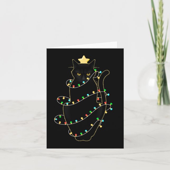 Santa Black Cat Tangled Up In Christmas Tree Light Card (Front)