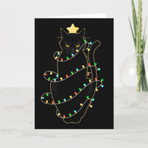 Santa Black Cat Tangled Up In Christmas Tree Light Card