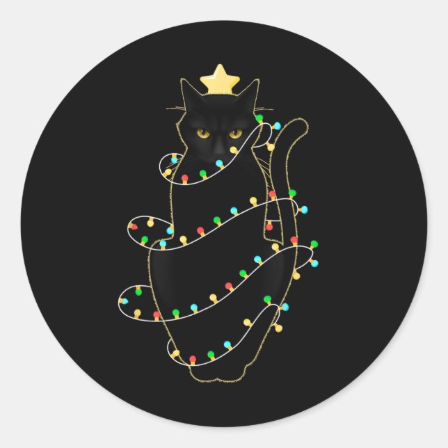 Santa Black Cat Tangled Up In Christmas Tree Light Classic Round Sticker (Front)