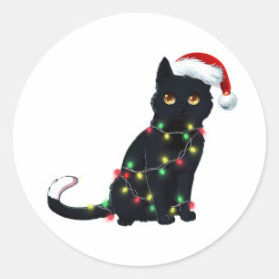 Santa Black Cat Tangled Up In Christmas Tree Light Classic Round Sticker