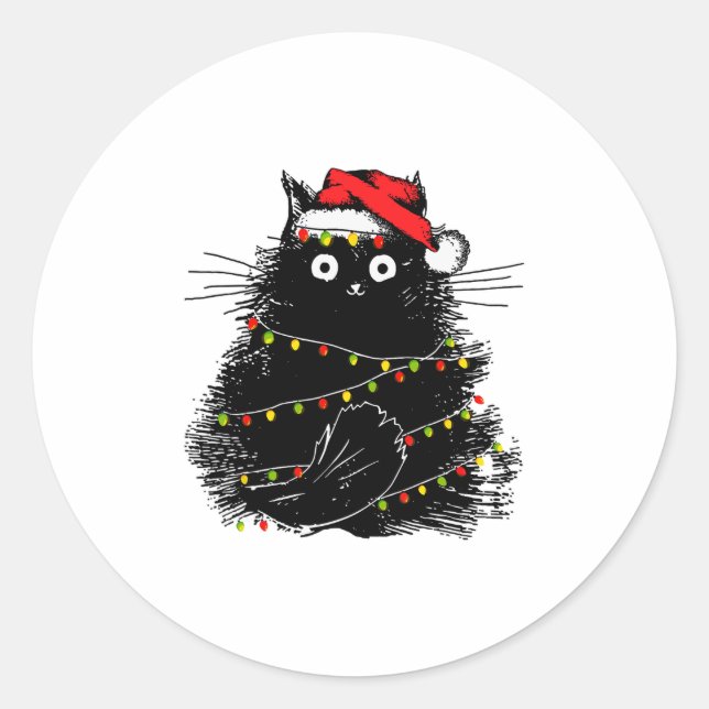 santa black cat tangled up in christmas tree light classic round sticker (Front)