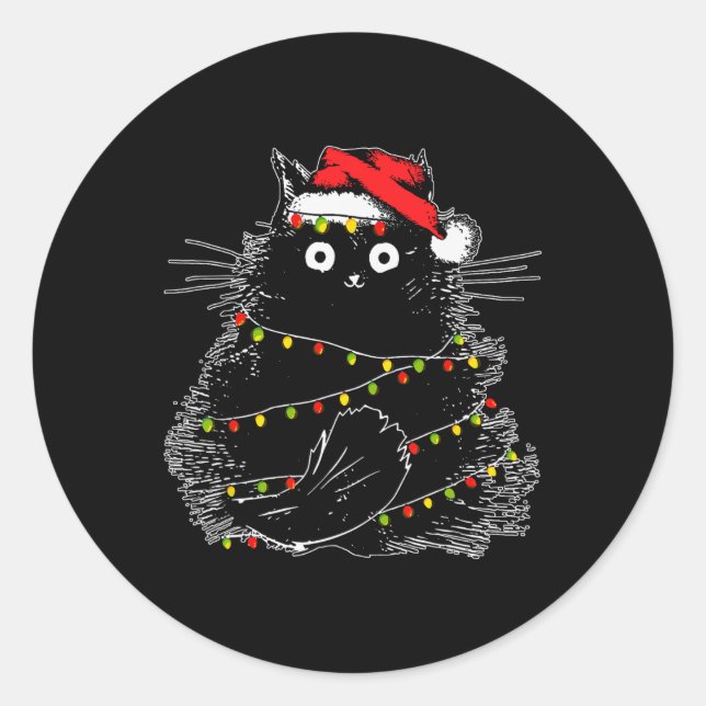 Santa Black Cat Tangled Up In Christmas Tree Light Classic Round Sticker (Front)