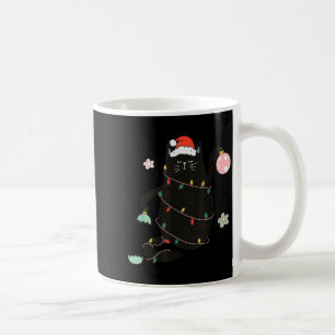 Santa Black Cat Tangled Up In Christmas Tree Light Coffee Mug