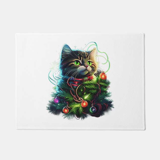 Santa Black Cat Tangled Up In Christmas Tree Light Doormat (Front)