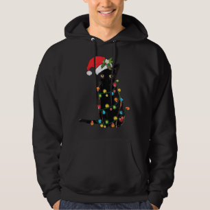 Santa Black Cat Tangled Up In Christmas Tree Light Hoodie