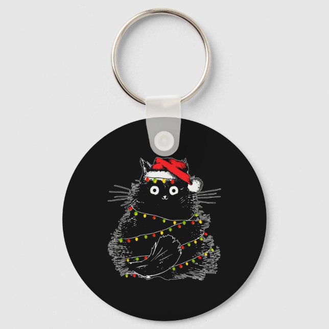 Santa Black Cat Tangled Up In Christmas Tree Light Key Ring (Front)