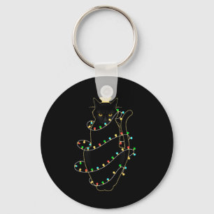 Santa Black Cat Tangled Up In Christmas Tree Light Key Ring
