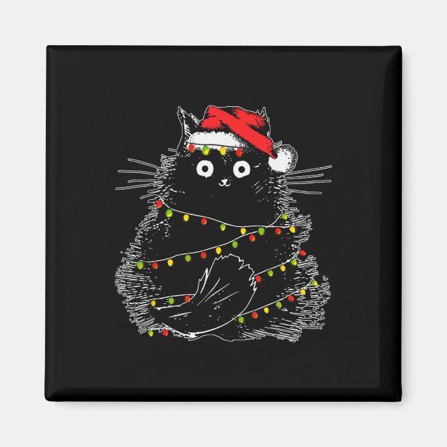 Santa Black Cat Tangled Up In Christmas Tree Light Magnet (Front)