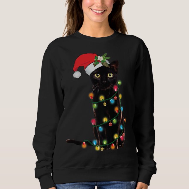 Santa Black Cat Tangled Up In Christmas Tree Light Sweatshirt (Front)