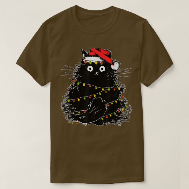 Santa Black Cat Tangled Up In Christmas Tree Light T-Shirt (Design Front)