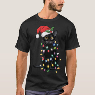 Santa Black Cat Tangled Up In Christmas Tree Light T-Shirt